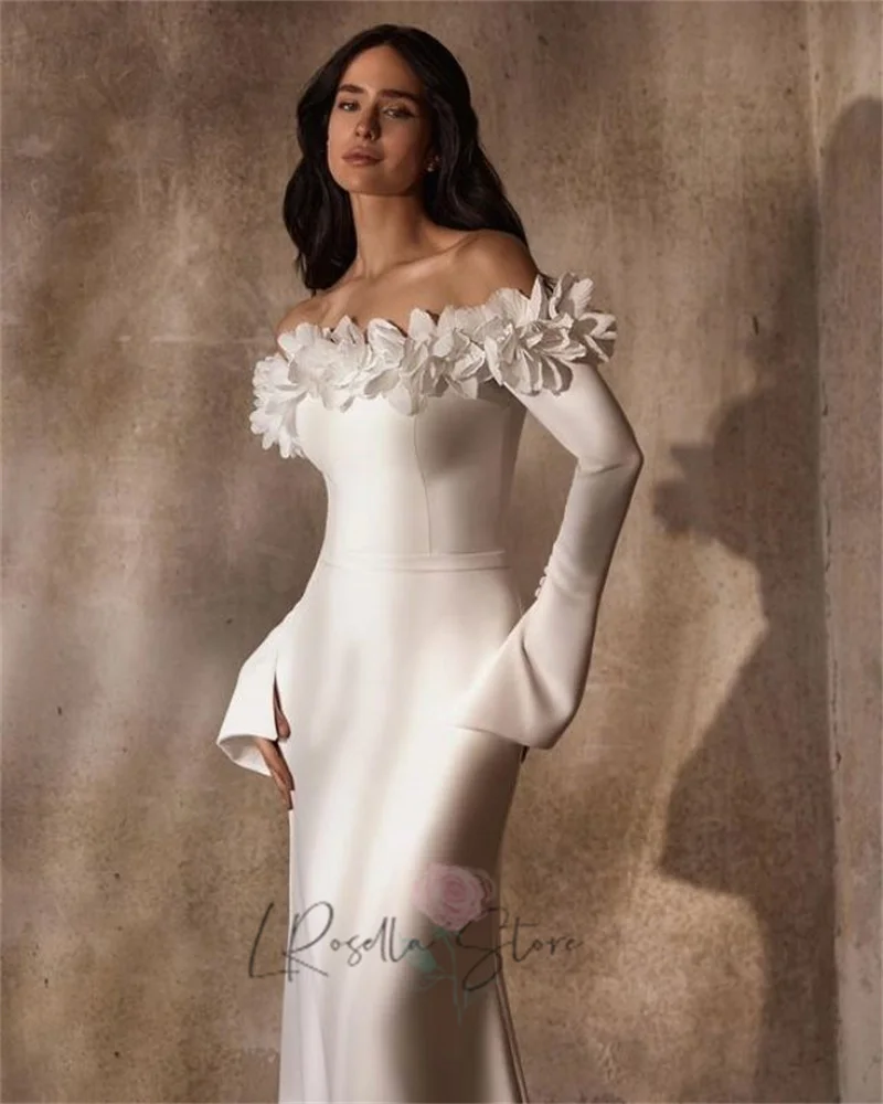 LRosella Handmade Flowers Custome Long Sleeves Off The Shoulder Button Sweep Train Soft Bridal Gown Floor Length Dresses