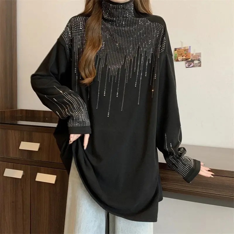 Women\'s Clothing Autumn Winter Korean Fashion Rhinestone Thick Warm Basic T-shirts High Collar Black Oversized Long Sleeve Tops