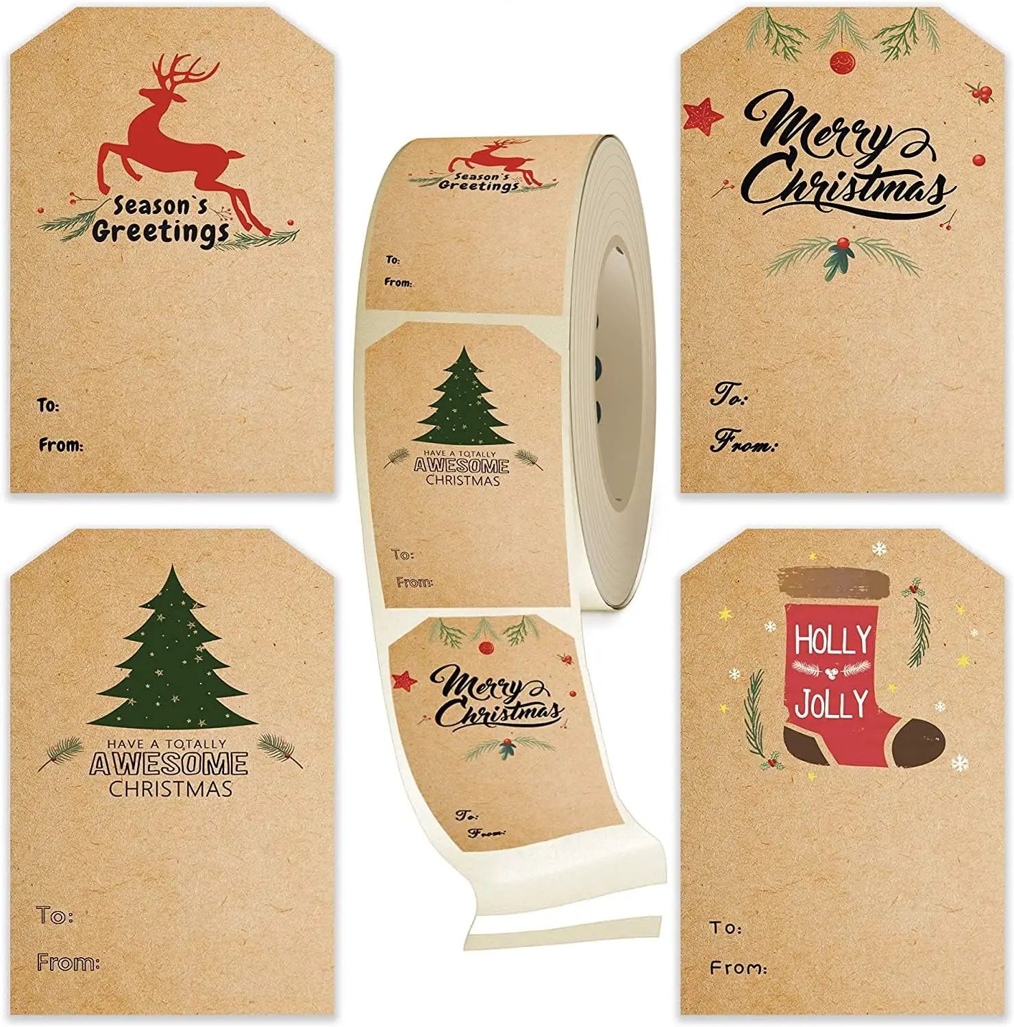 300 PCS Christmas Stickers,2 * 3 Inch Christmas Label Stickers,6 Designs of Christmas Labels,Kraft Paper Christmas Stickers