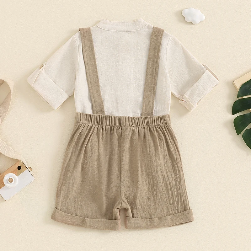 Conjunto de Shorts Suspender e Bodysuits de Algodão Linho para bebês, Roupas de Bolso de Botão Sólido, Meninos, 0-24M