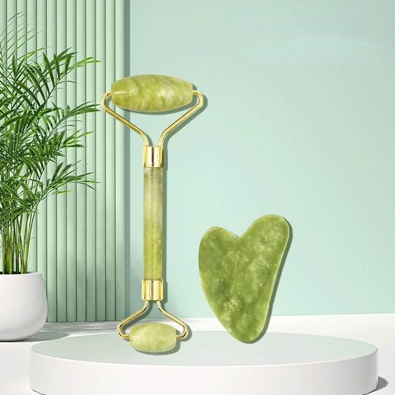 Massageador facial gua sha pedra natural jade rosto microniddle rolo placa facial acuponto cuidados faciais spa ferramenta de massagem massagem visagem
