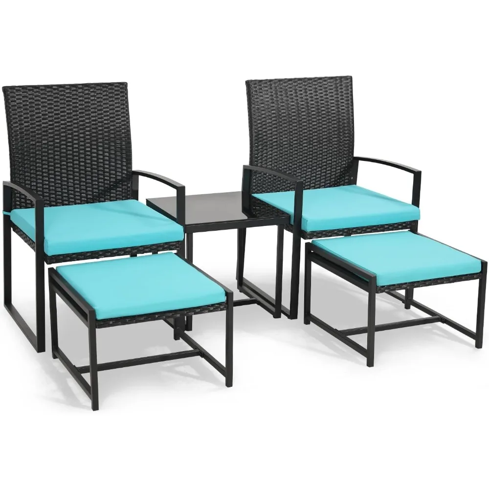 5 Pieces Wicker Patio Conversation Sets, Rattan Furniture Set with Coffee Table and 2 Ottomans, Ideal for Porch, Garden, Yard,