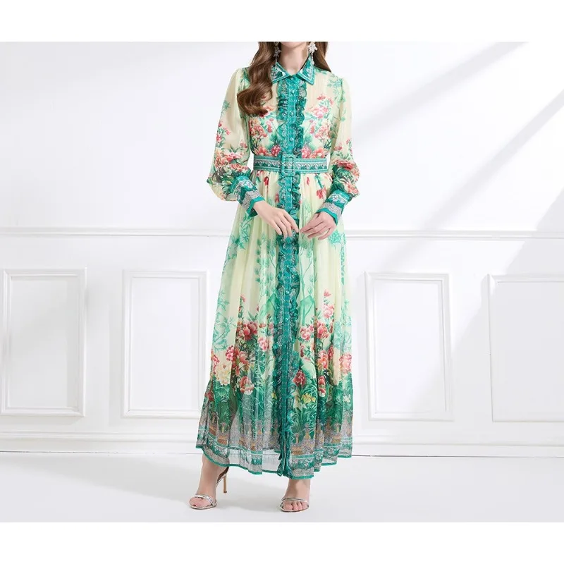 فستان عتيق للنساء قصر فستان مطبوع عتيق زهري كم طويل ميدي خط أنيق ربيعي فيستدوس ملابس بالجملة