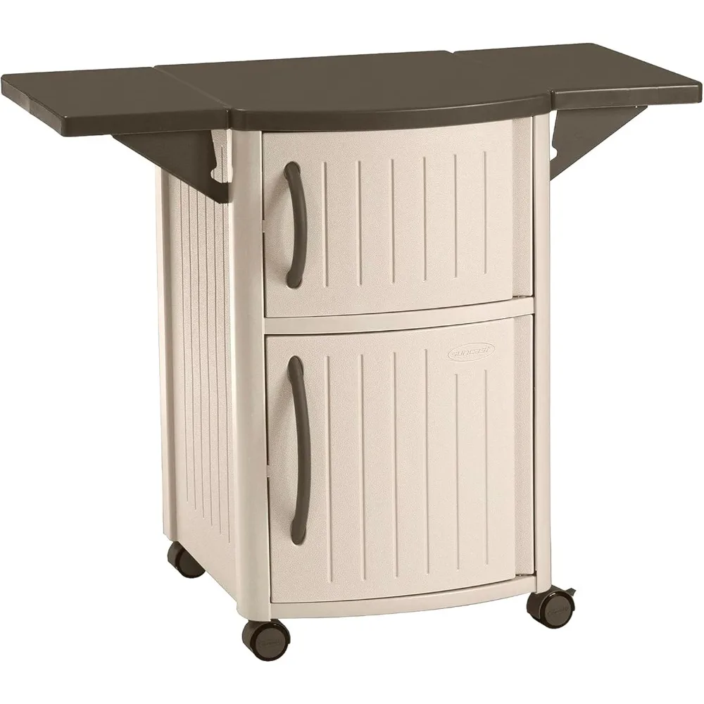 Gabinete de patio para estación de servicio, mesa de preparación portátil para parrilla, color topo claro y Mocha, incluye estantes laterales, gabinetes de almacenamiento, servidor