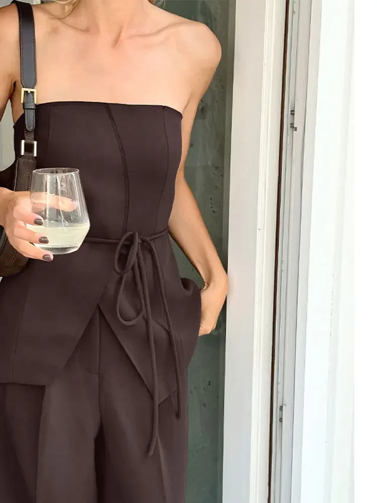 Set Celana Atasan Berenda Tanpa Tali Sabuk Pinggang Cinched Fashion Perjalanan Kasual Setelan Rompi Blus Celana Panjang Kaki Lebar Pakaian Formal Wanita