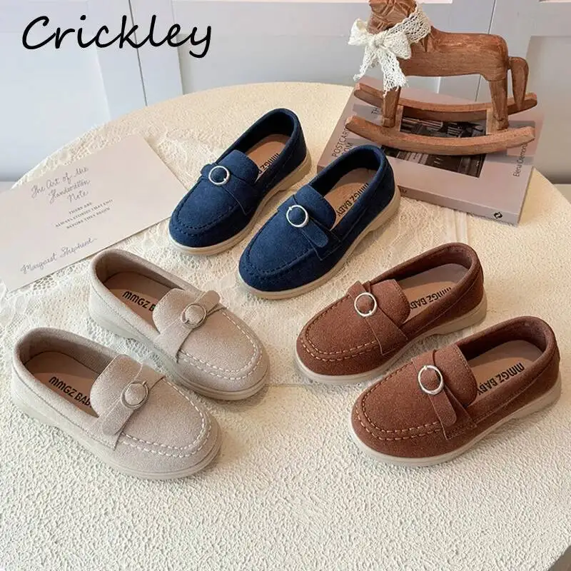 Solid Buckle Boys Girls Loafers Spring Autumn Suede PU Leather Slip On Kids Flats Shoes British Non Slip Children Flats
