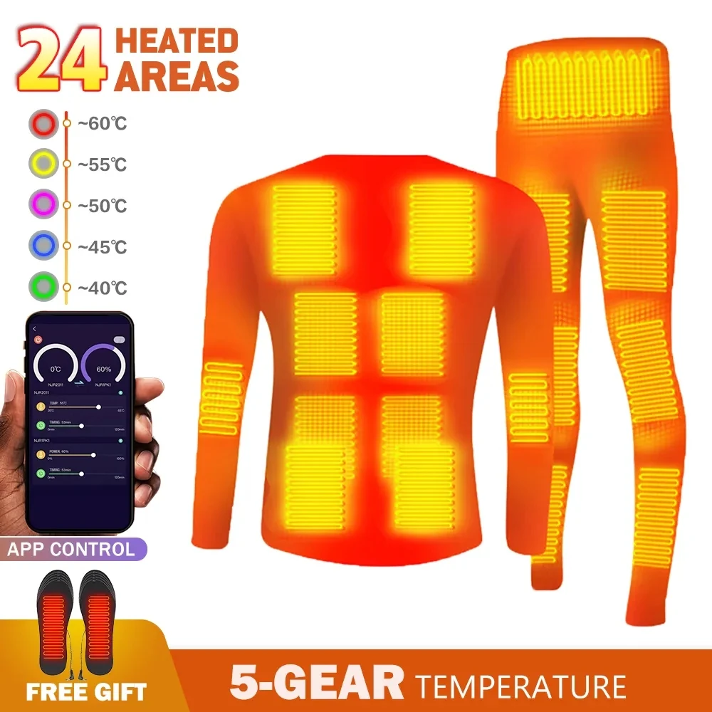 

Men Heating Underwear Winter USB Battery Powered Smart Control Temperature Electric Heated Fleece Lined Ski Thermal Tops Pants