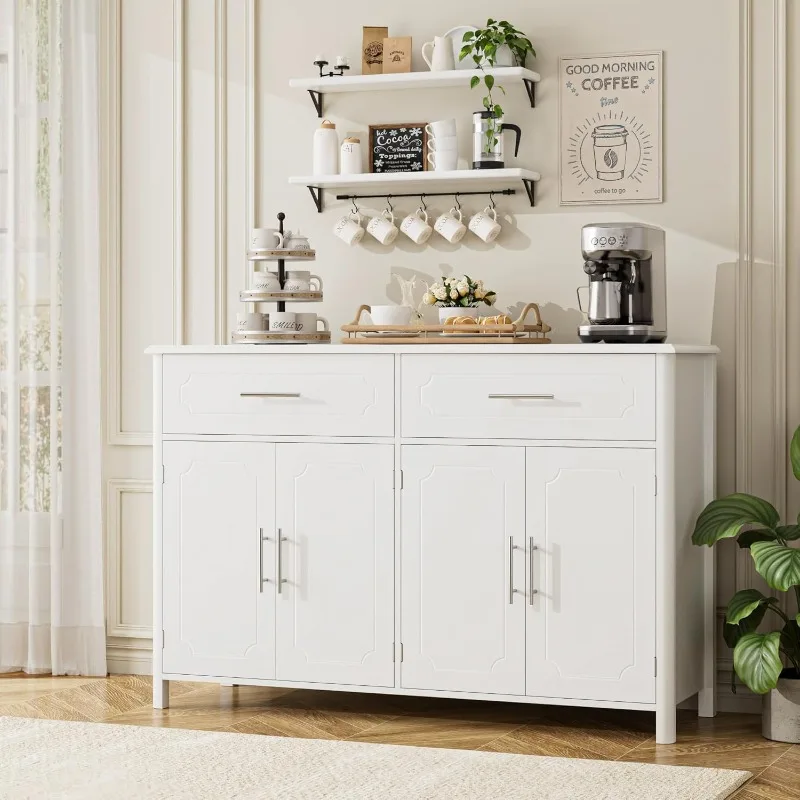 Buffet Sideboard with Storage, White Coffee Bar Cabinet, Modern Kitchen Buffet Storage Cabinet with 2 Drawers and 4 Doors