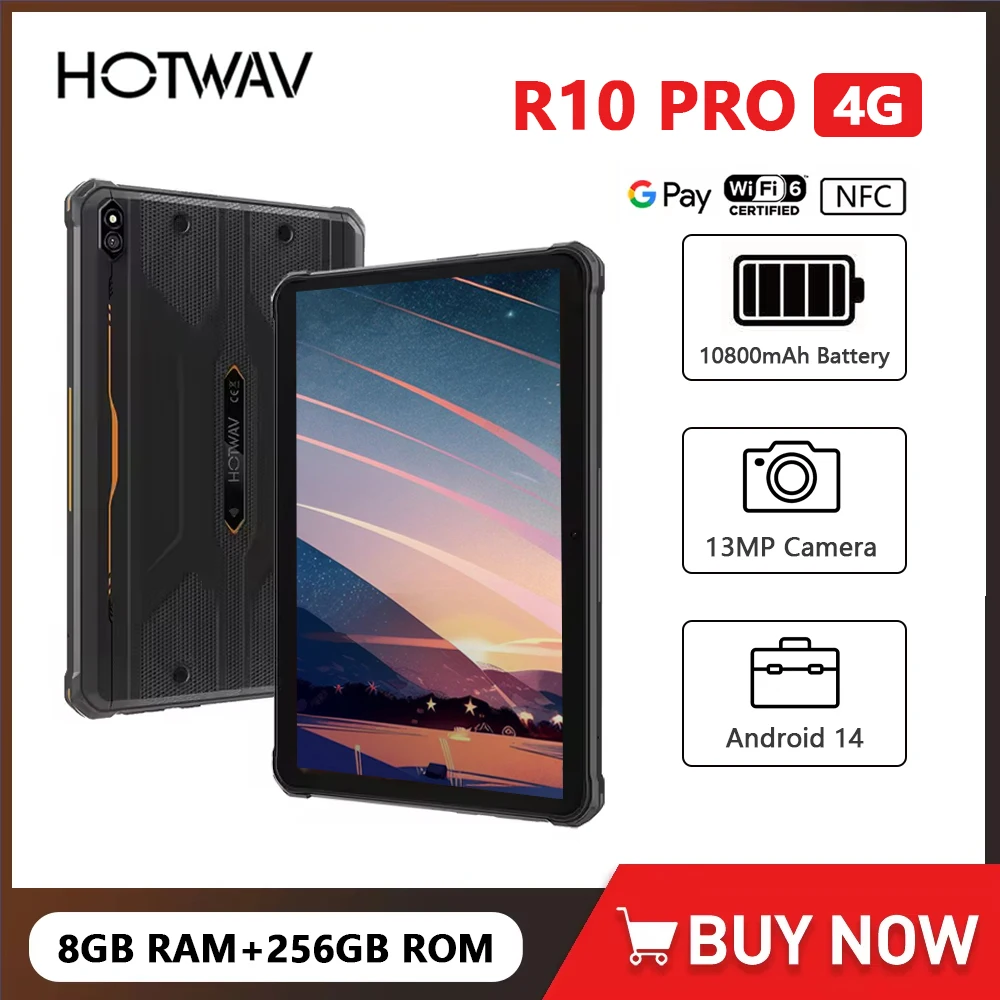 HOTWAV R10 Pro 4G Rugged Tablet 10800mAh Massive Battery 4G Global  10.1'' HD+ Display Pad Android 14 8GB 256GB 13MP Tablet PC