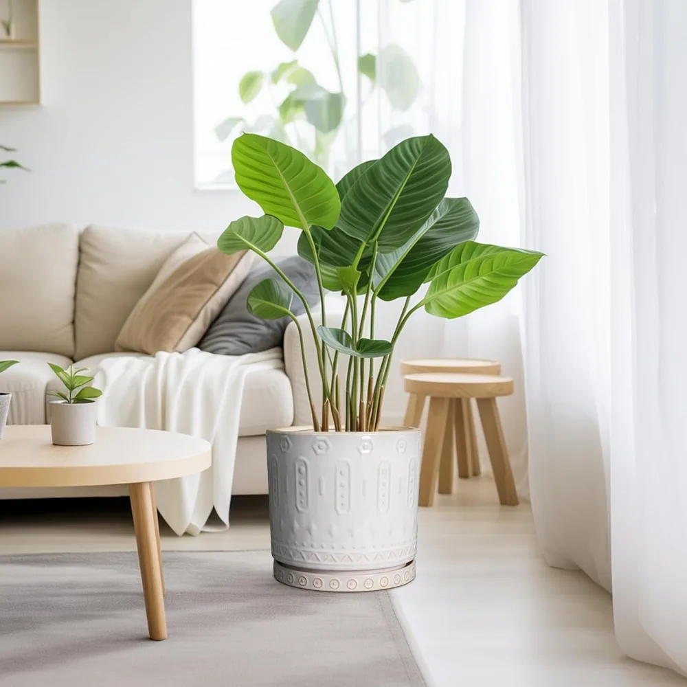 وعاء زراعة سيراميك كبير مقاس 10 بوصة مع فتحات تصريف وصحون للنباتات الداخلية والخارجية ديكور حديقة المنزل #3