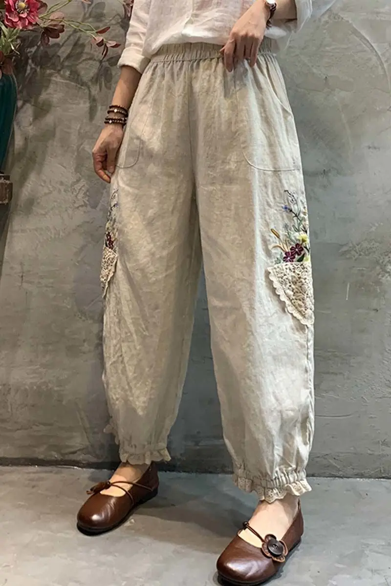 

Cotton Linen Harem Pants Women's Artistic Vintage Embroidered Lace Hem Loose Casual Pants