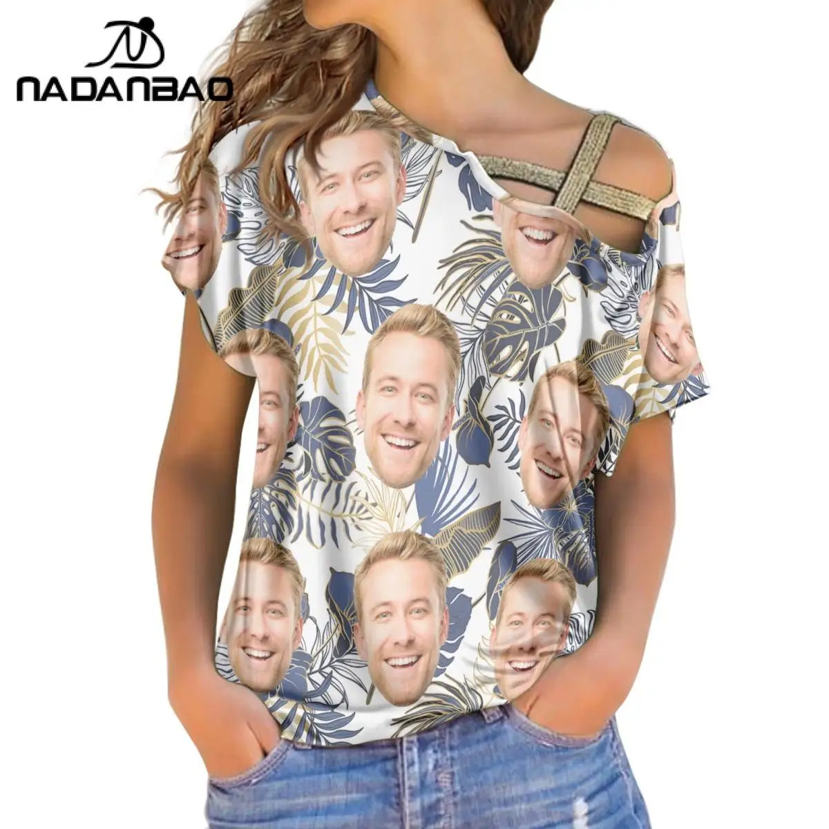 Your Image Customized Face Tropical Print Top Custom Sequined Cross Striped Women's Top DIY Your Picture Off Shoulder Tee Shirt