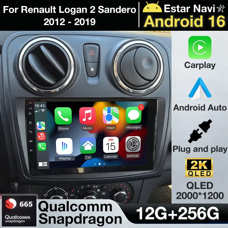 Radio para Auto Android 16 para Renault Logan 2 Sandero 2012-2019, Reproductor Multimedia GPS, Navegador, Carplay Inalámbrico, Unidad Principal Auto DSP, Estéreo