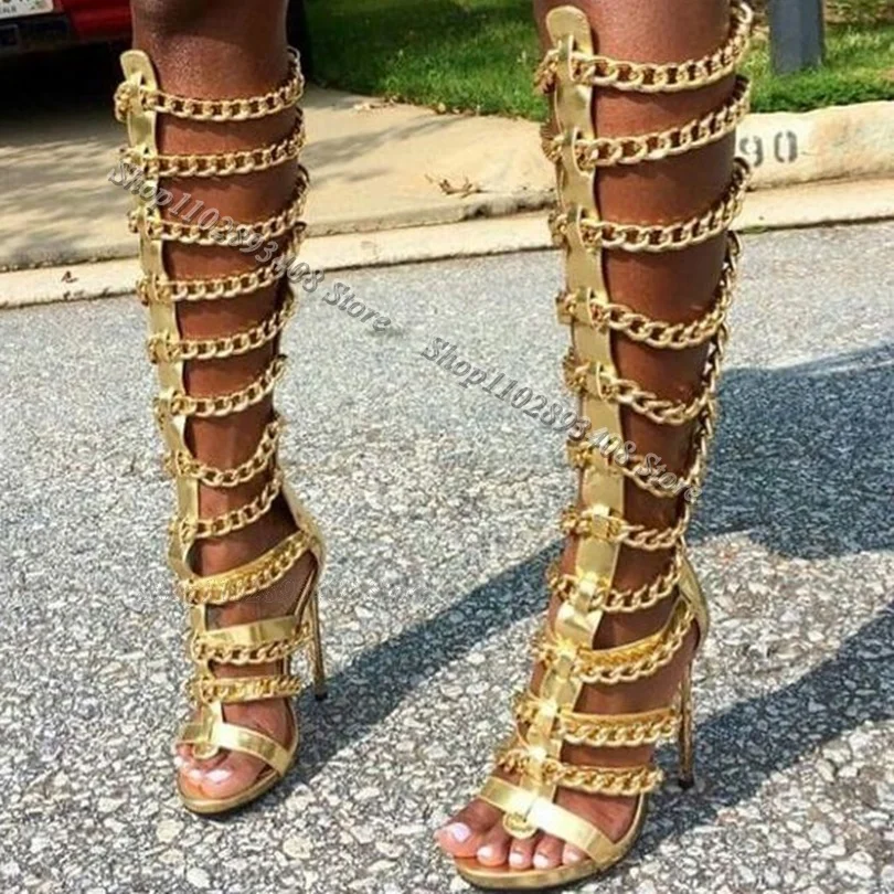 Gold Chain Decor Stiletto Sandals Open Toe New Fashion British Style Summer Party Dress Women Shoes 2024 Zapatos Para Mujere