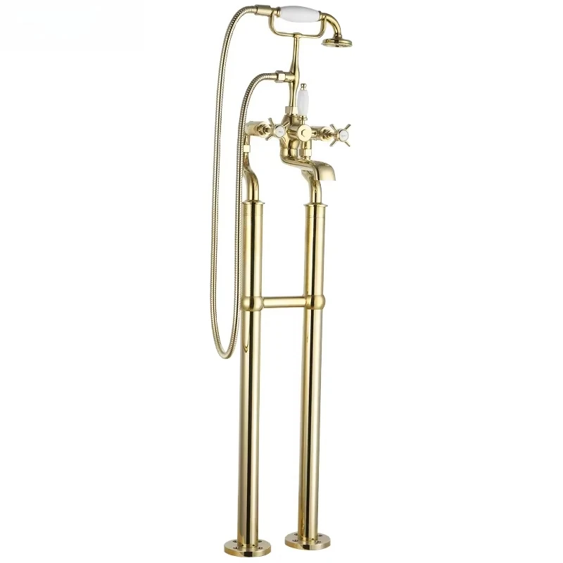 

High Quality European Antique Freestanding Shower Bathtub Faucet Triple Handle with Rain Spray Pattern Floor Mounted Brass Taps