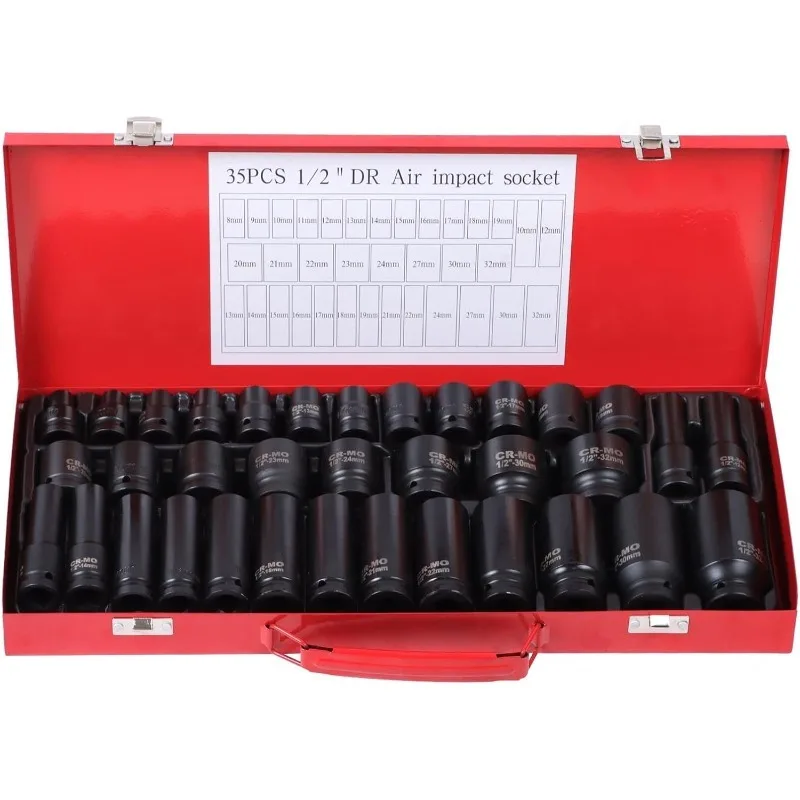 35Pcs 1/2 Inch Deep Impact Socket Tool Set 6 Point Metric 8-32mm Socket for Auto Repair