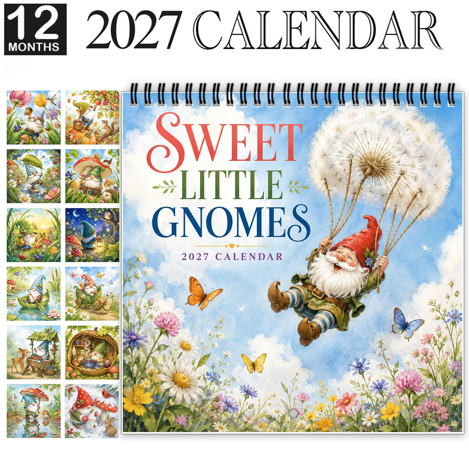 2027 Sweet Little Gnomes Wall Calendar, Spiral-Bound 12-Month Charming Calendar With Writable Date Blocks, Home Office Decor