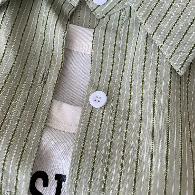 Women's Clothing Korean Style Green Stripe Shirt Short Sleeve Japanese Inspired Loose Fit Summer Casual Top Fashion