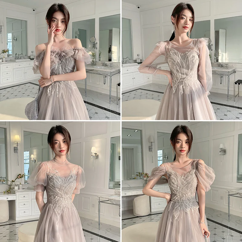 

ey Maids Dr Long Sve Evening Gown Women's Ele Sle Crystal Beads Embellied Floor Length Wedding Par Dr