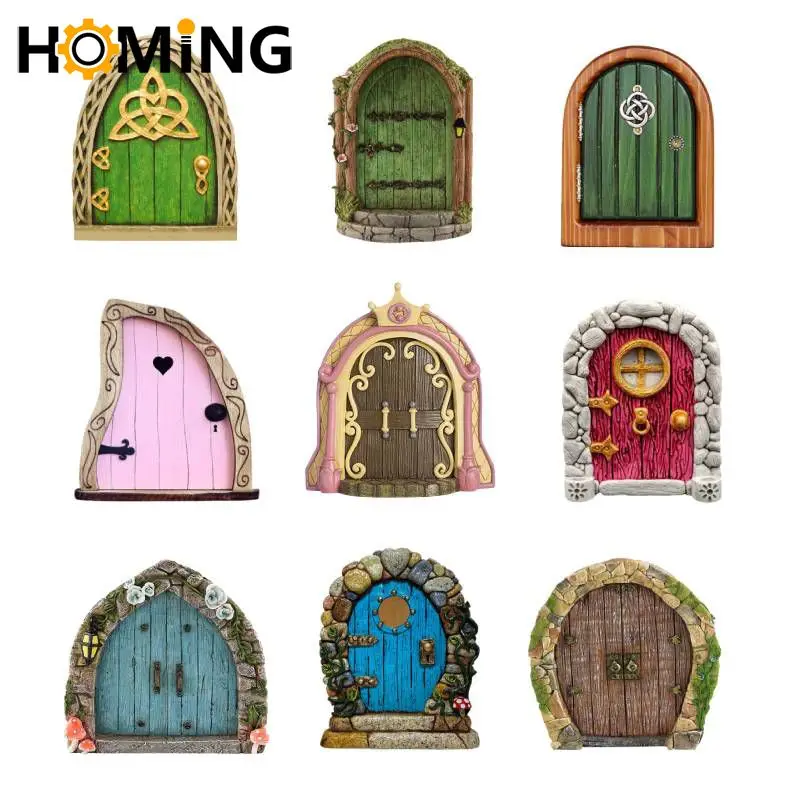 Fairy Gnome Door Miniature Figurines Elf Home Wooden Fairy Garden Window Door Art Tree Sculpture Statues Ornament Garden Decor