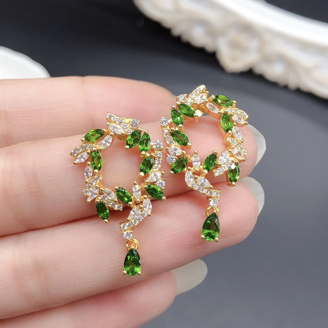 

FS S925 Sterling Silver 2*4mm Natural Diopside Luxury Earrings for Women Fine Fashion Charm Weddings Jewelry Certificate MeiBaPJ