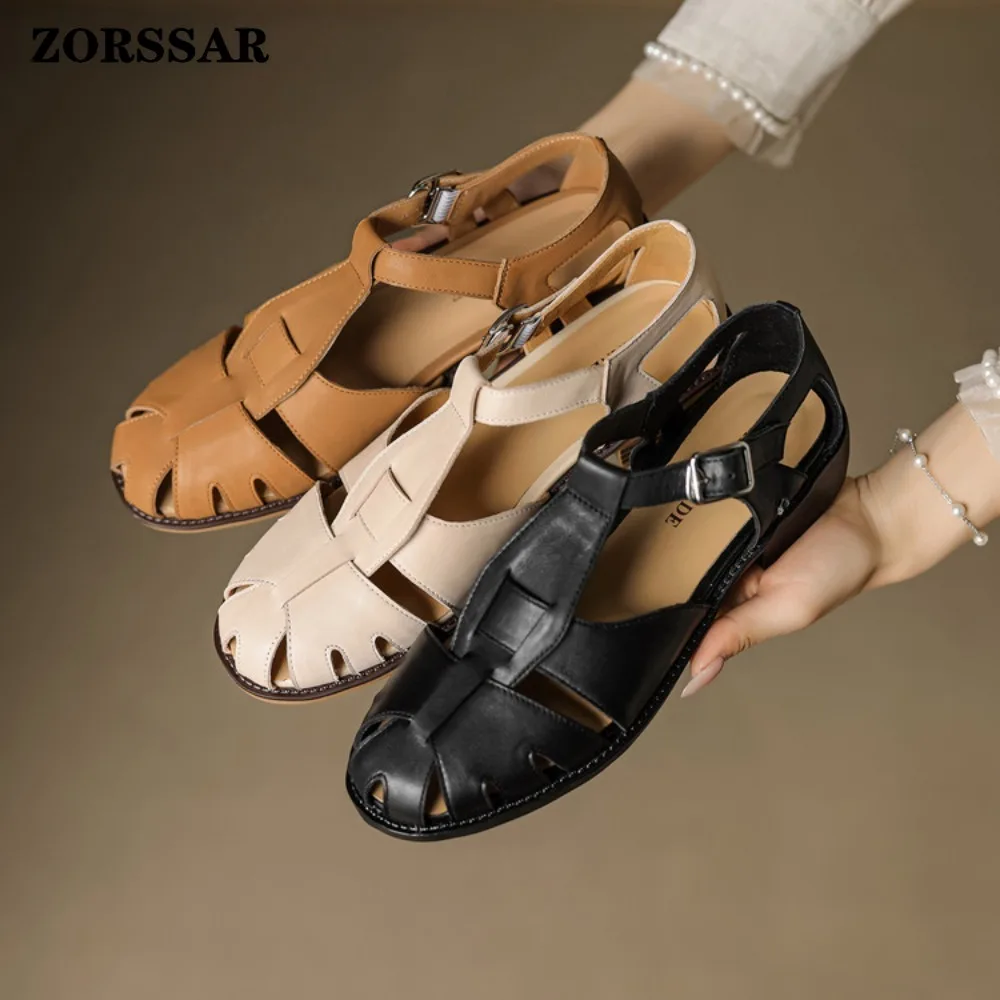 Genuine Leather Closed Toe Roman Sandals for Women Retro Ankle Strap Buckle Shoes Comfortable Summer Casual Beach Footwear