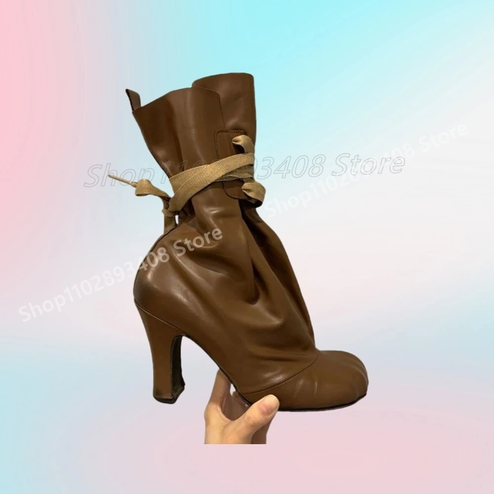 Brown Strappy Strange Style Runway Mid Calf Boots Five Fingers Chunky High Heel Fashion Sexy Women Shoes 2025 Hot Para Mujere