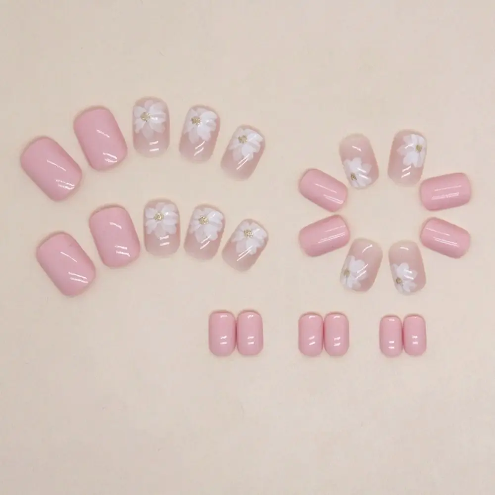 Detachable Short Round False Nails French Cute Bear Fake Nails Sunset Autumn Full Cover Nail Tips for DIY