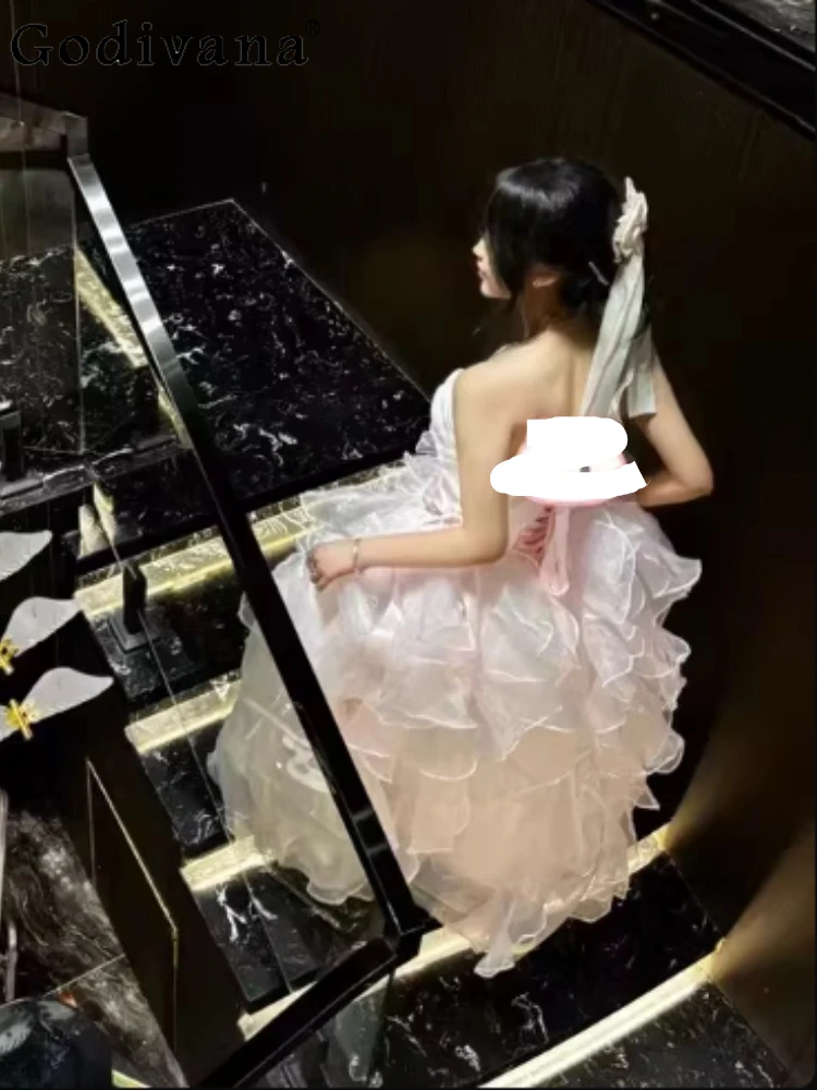 

3XL Pink Strapless Birthday Banquet Princess Evening Dresses Spring Summer Girl Fashion High Waist Irregular Elegant Fairy Dress