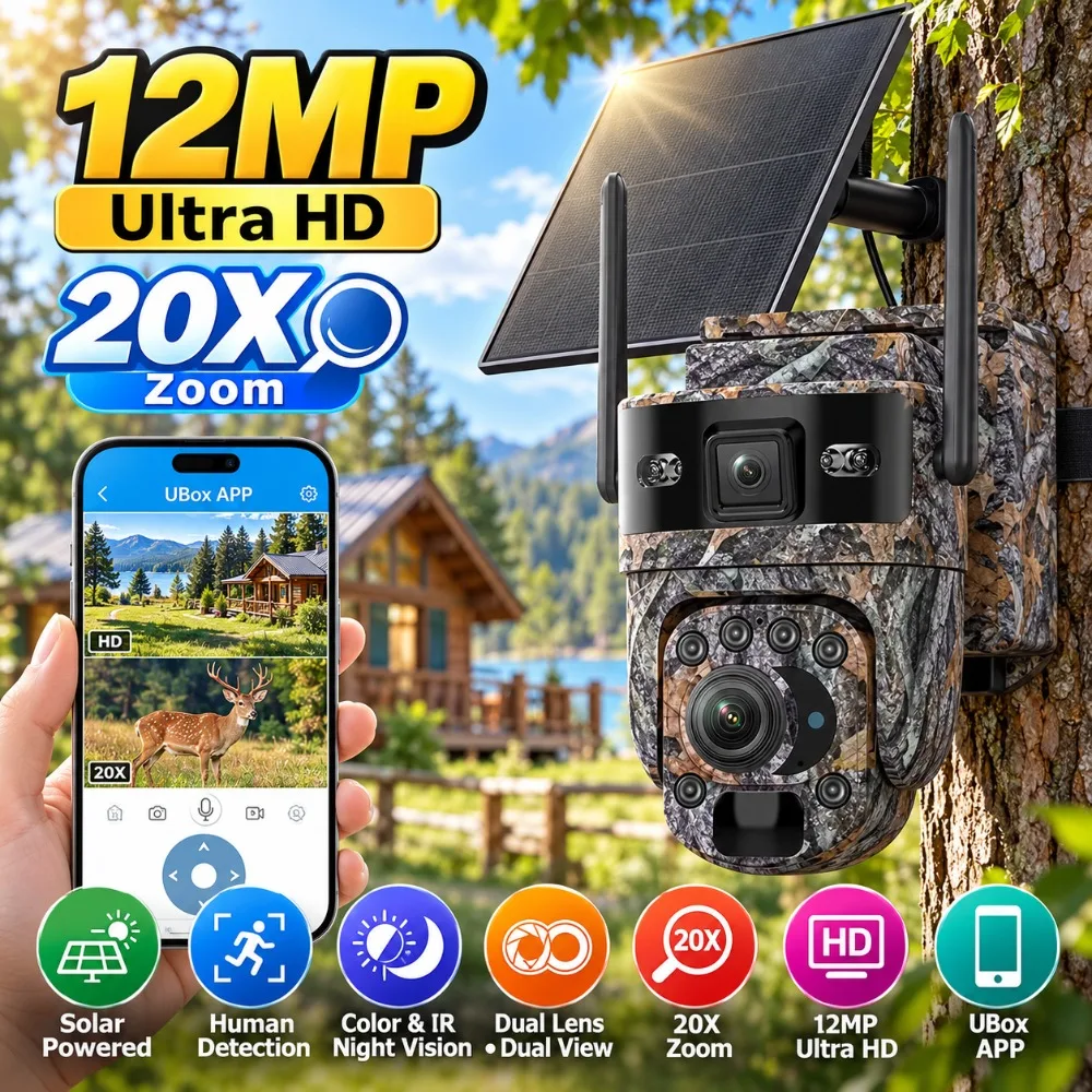 12MP 20X Zoom WiFi Camera Solar Outdoor Camouflage PTZ 4G CCTV Human Detection Night Vision Alarm Hunting Surveillance Cameras