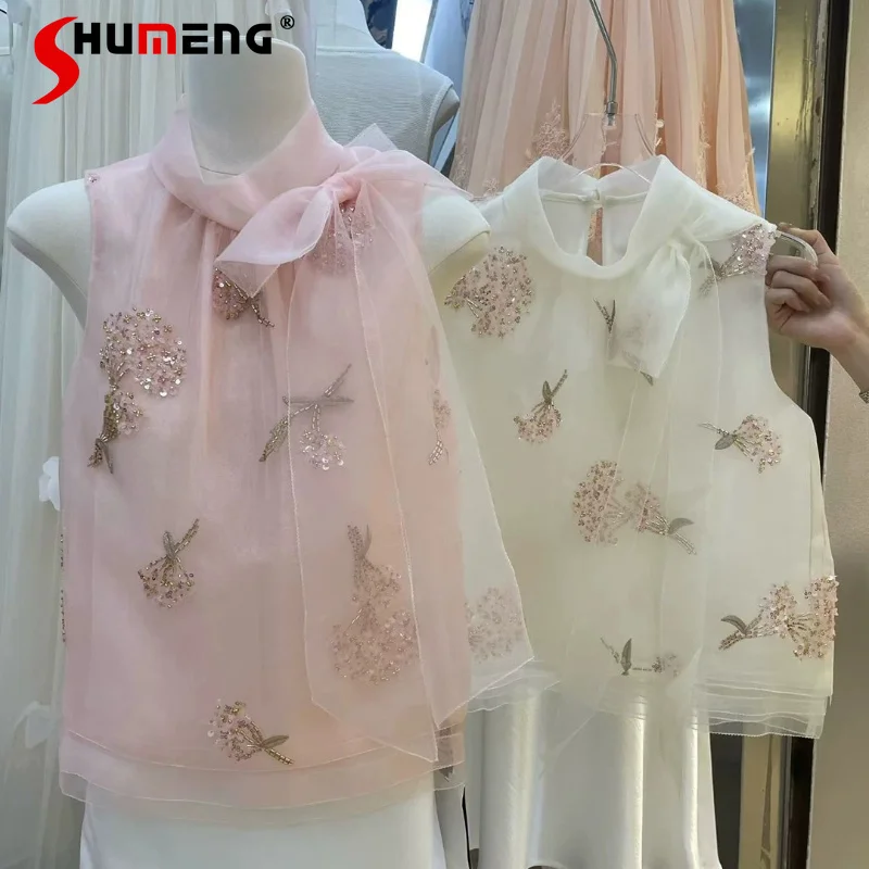 

Fashion Bling Bling Sequined Embroidered Shirts Women's 2026 Summer Loose Sleeveless Vests Ladies Nice Solid Color Lace-up Tops