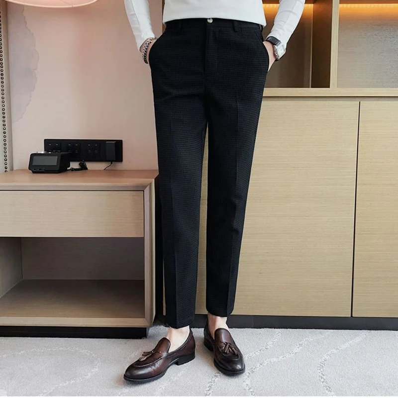 2023 Spring Summer New Men's Clothing Solid Color Waffler Pencil Pants Korean Style Men's Fashion Casual Button Suit Pants