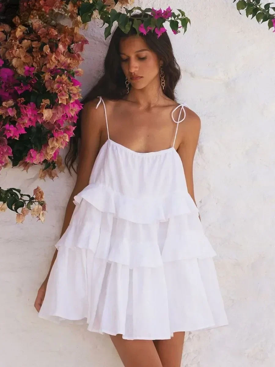 

BluWin Sexy Loose White 100% Cotton Women's Dress Summer Strap Sleeveless Mini Dresses Classic Ruffle Female Beach Dress