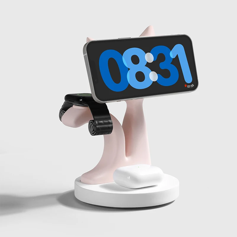 

New creative MagSafe magnetic three-in-one phone stand, pink cat desktop holder for watch, earphones, and wireless charging