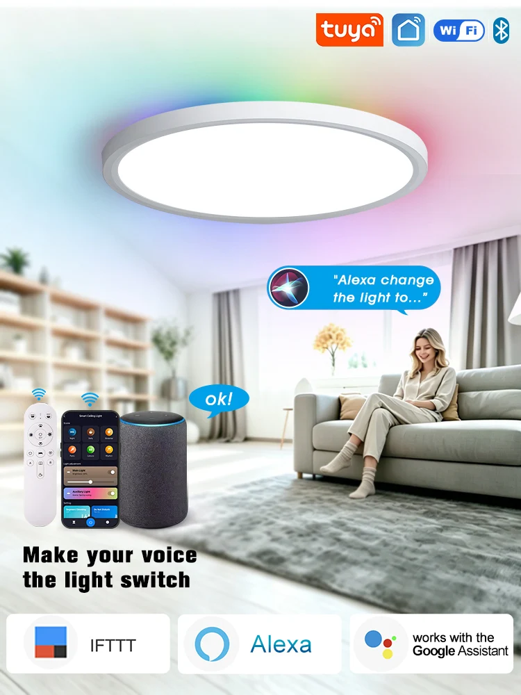 TUYA Smart Deckenleuchte 0,98 Zoll Ultra-Dünn RGB Dimmbar APP Fernbedienung Sprachsteuerung Alexa Google für Heimbeleuchtung Deko Ambiente-Lampe