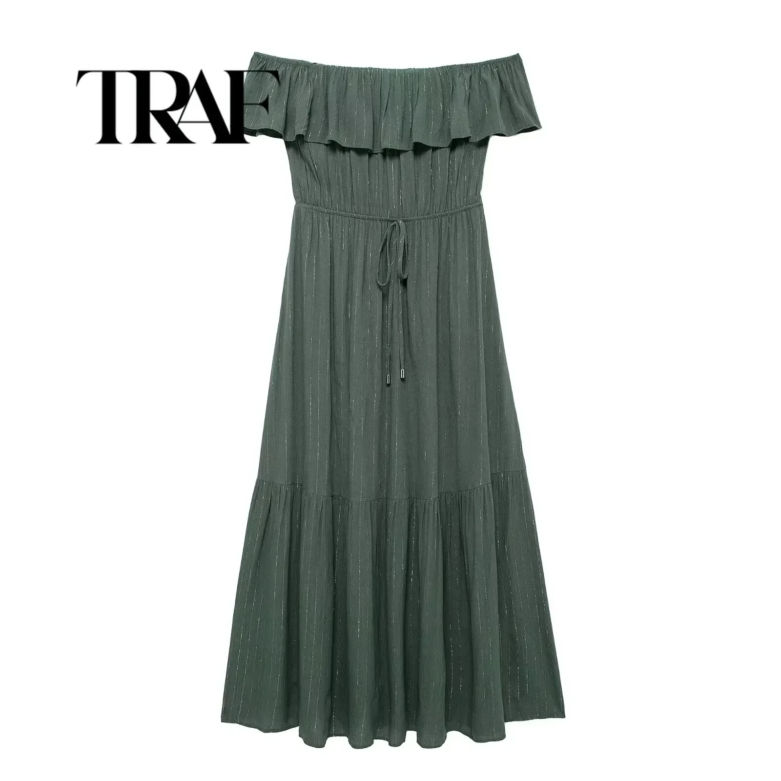 TRAF Zomer Vrouwen Effen Kleur Sexy Een Lijn Hals Off Schouder Midi Jurk Mode Strand Jurk Elegante Vrouwelijke Casual Jurk 