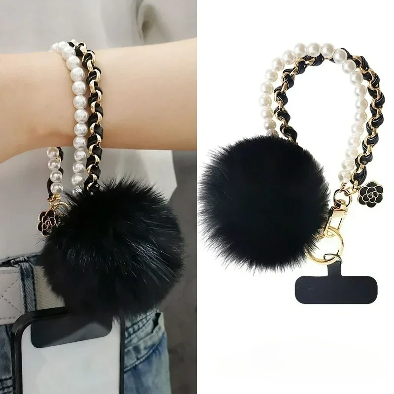 

Pearl Pickup Chain Mobile Phone Lanyard Ins Fashion Women's Xiaoxiangfeng Mobile Phone Case Pendant Hairball Short Wrist Pendant