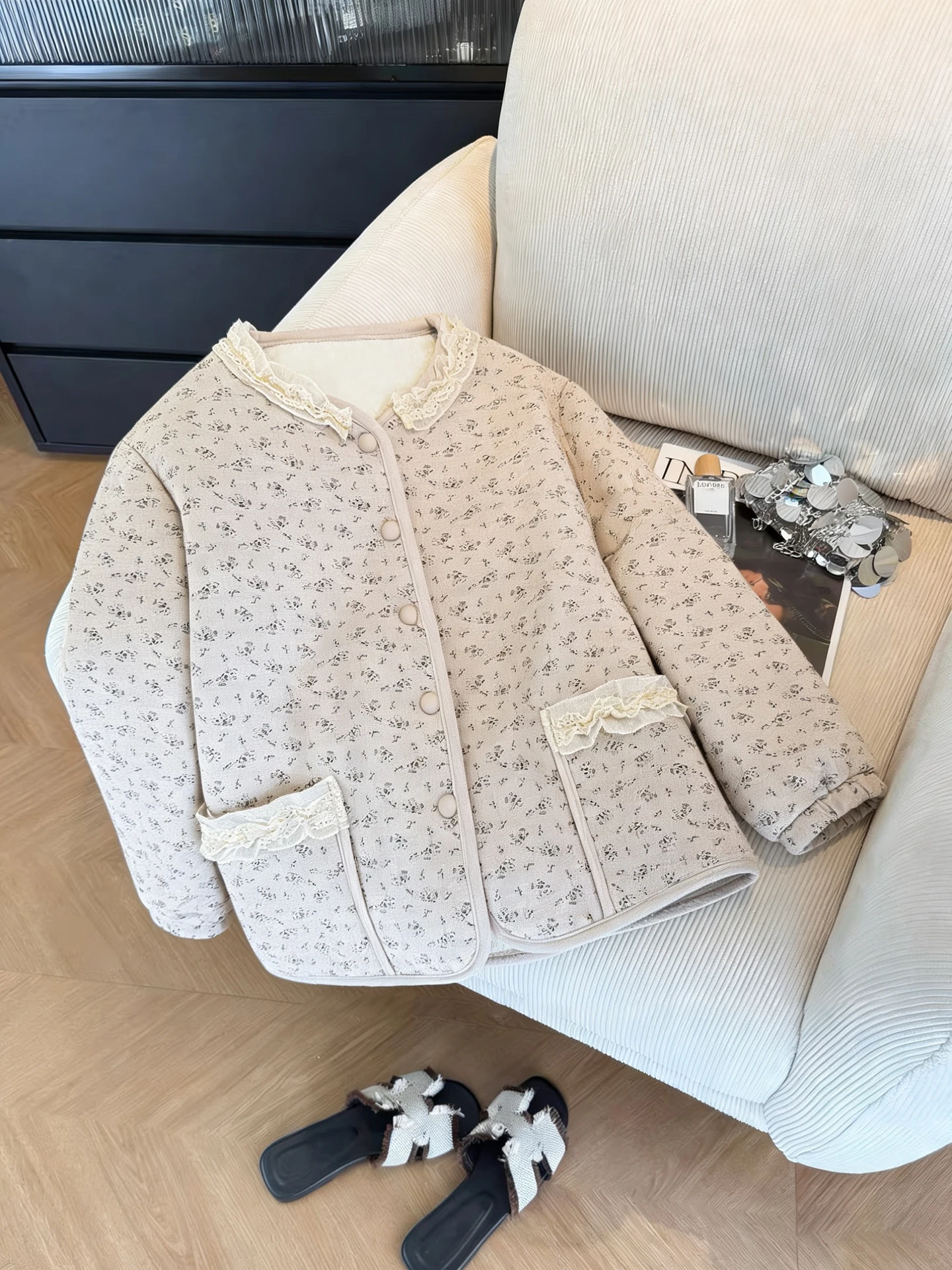 

Korean Sle Sweet Floral Lace Collar Cotton Jaet Women's Spring Autumn Loose Slimming Cotton Padded Top Faionable Commut...