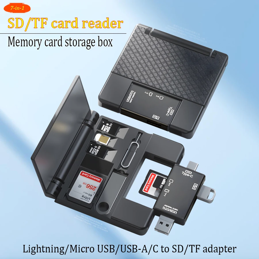 SD/TF card reader, memory card storage box/case, Lightning/Micro USB/USB-A/C to SD/TF adapter for laptop PC phone tablet drone