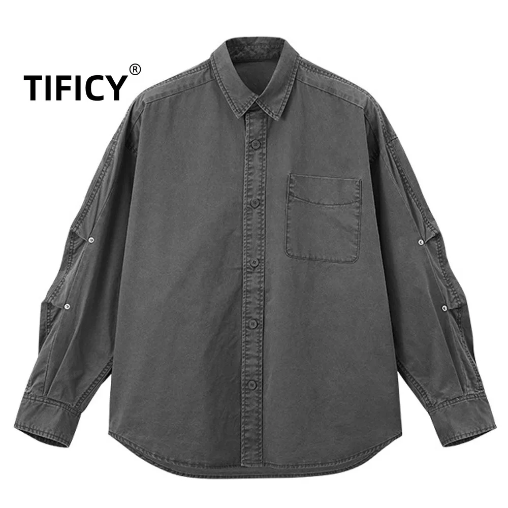 

High Street Workwear Washed Shirt Tops Men's Autumn New Product Retro Collar Pocket Cardigan Long Sleeved Streetwear Shirt