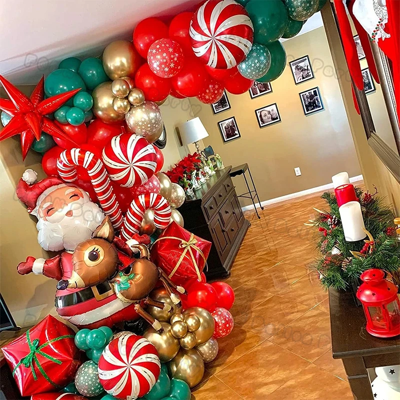 Guirnalda de globos de Navidad, caja verde y roja, arco de globos de caramelo, estrella de Reno de Papá Noel, globo de aluminio, decoración para fiesta de Navidad de Año Nuevo 2024