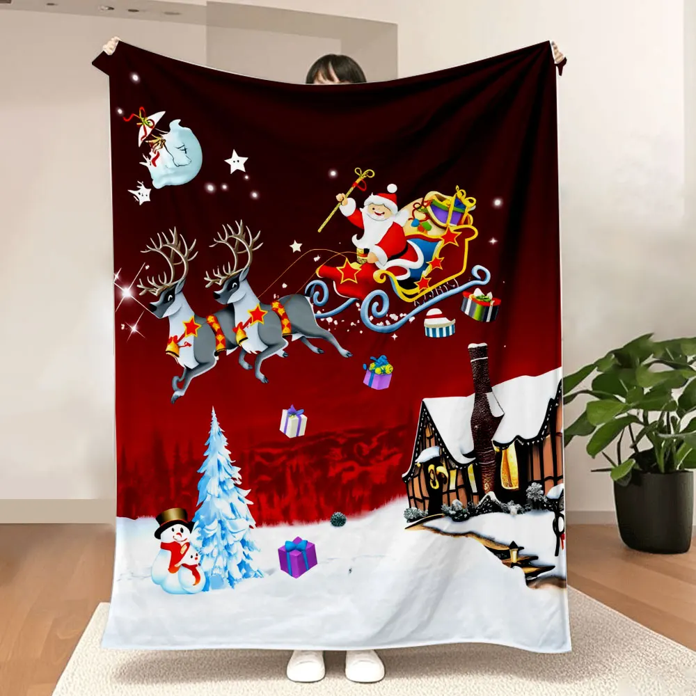Christmas Blanket - Festive Santa Sleigh, Snowman & Cottage Printed Throw, Perfect for Cozy Winter Nights, Ideal as Christmas Gi