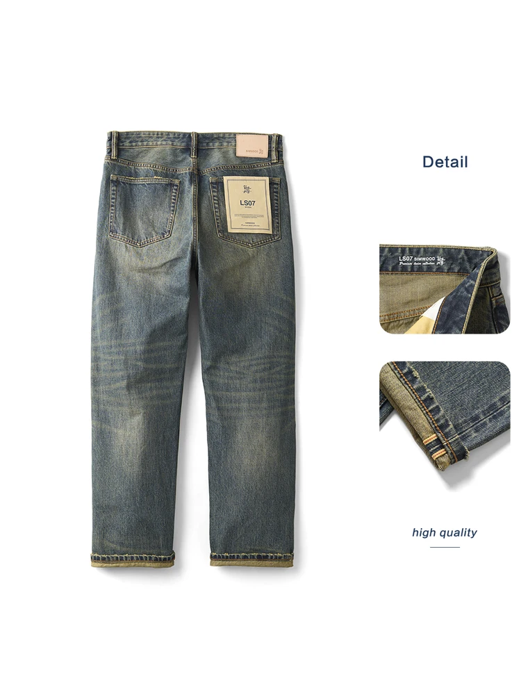 SIMWOOD-Jean en Denim Délavé pour Homme, Pantalon Droit, de Haute Qualité, Vintage, 14oz, Nouvelle Collection Automne Hiver 2024