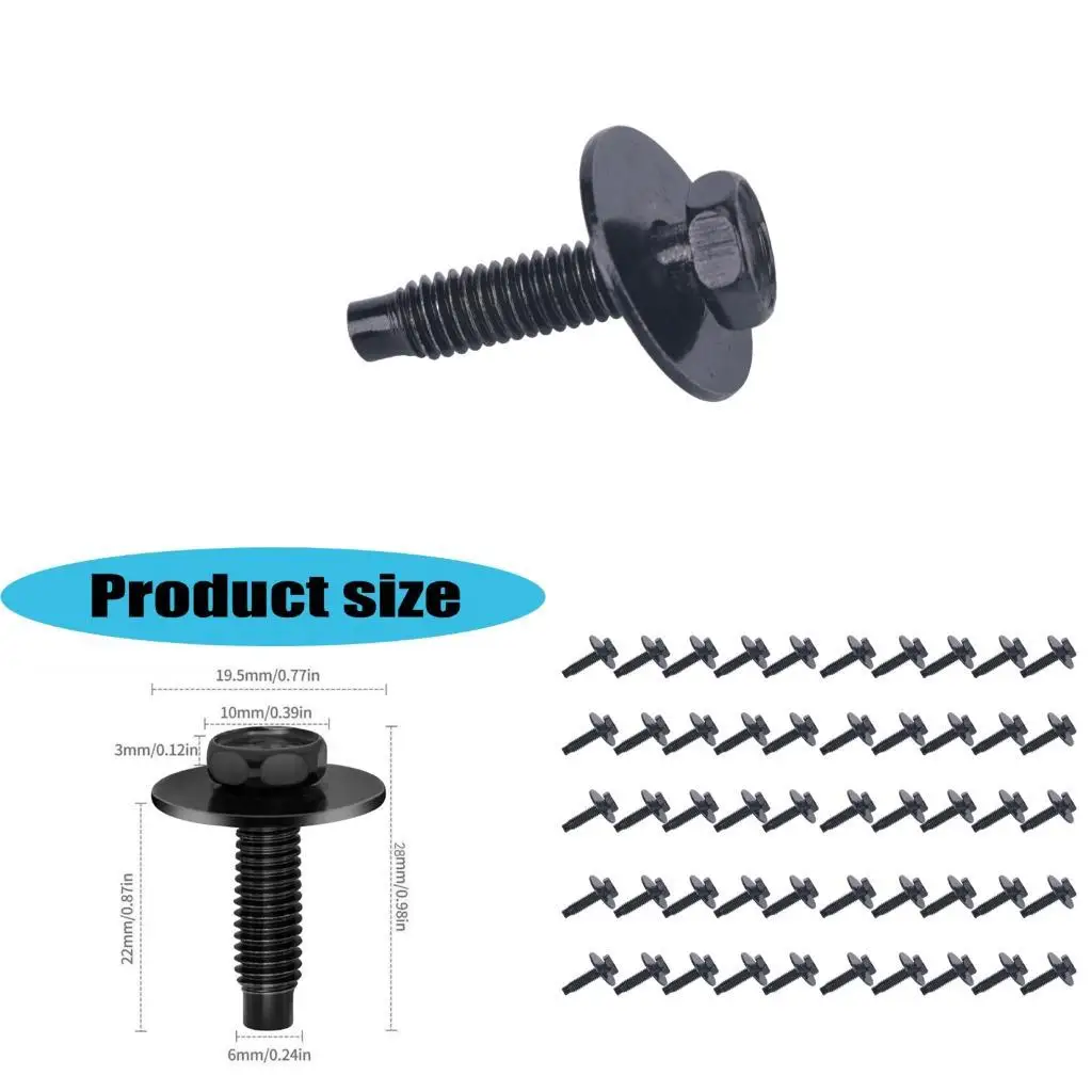 Wide Washer Head Automotive Bolts 6 mm 50 Count, Galvanized Steel Replacement Fasteners for Panel Trim, Cover Mounting and Mud