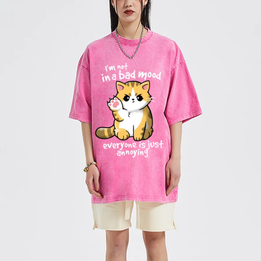 Angry Cat-Xmas Gift T-shirts Harajuku Washed Short Sleeved Tops Streetwear Cool Summer Wash Denim Comfort T Shirts