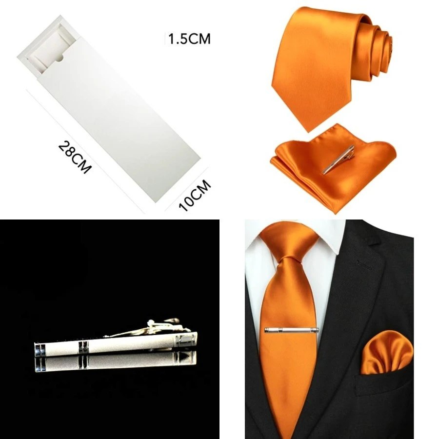 

Mens Solid Color Formal Necktie and Pocket Square, Tie Clip Sets, Orange