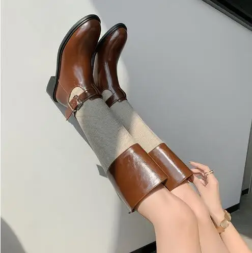 Winter Black Brown Patchwork Leather Round Toe Low Heels Knee High Boots Women Buckle 35 MM Heel Tube Slip On Long Botas Shoes