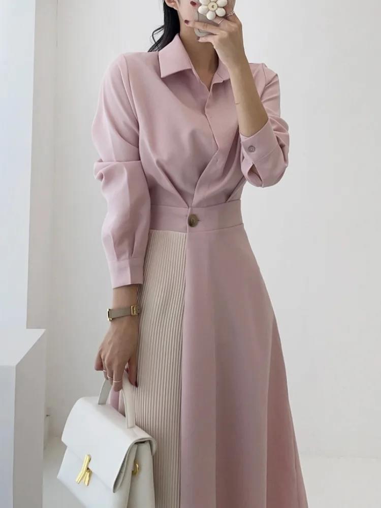 Chic Autumnal irt Dr Slimming Waist Design Long Sve Collar Stand out Color Blo Striped Pattern Commute Sle Single...