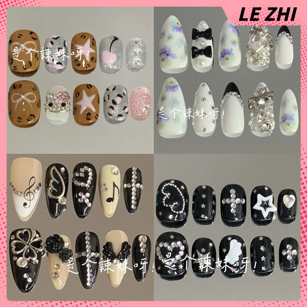 

Sweet Cool Hello Kitty Handmade Shining Diamond Star Detachable Press On Nail Bowknot Wings Chain Flower Musical Notes Fake Nail