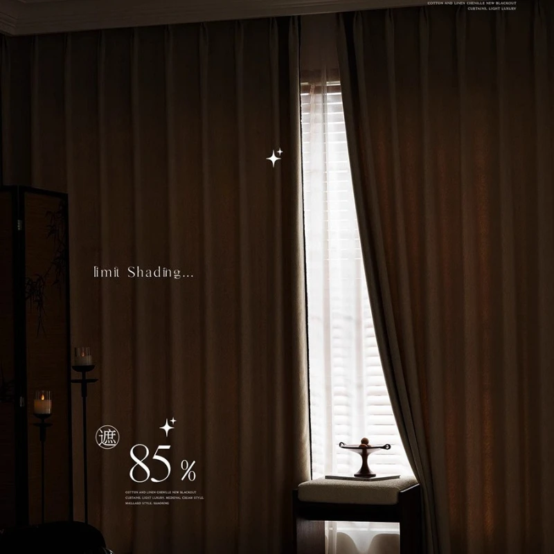 Cream Mid-century Style Cotton and Linen Blackout High-end Balcony Door Custom Size Curtains for Living Dining Room Bedroom